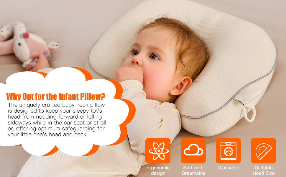 Portable Baby Travel Pillow,Adjustable Neck Infant Head Pillow,Support for Carseat,Soft and Breathable Ergonomic Design,White