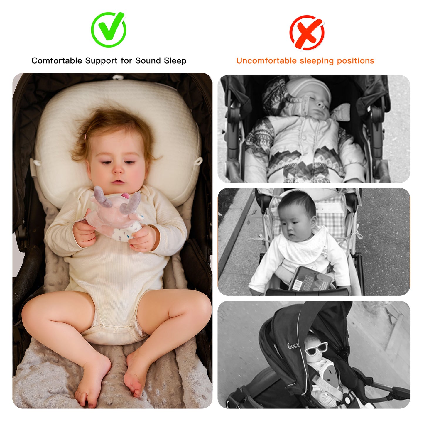 Portable Baby Travel Pillow,Adjustable Neck Infant Head Pillow,Support for Carseat,Soft and Breathable Ergonomic Design,White